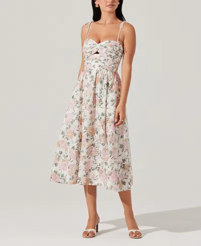 Astr Sariah Pleated Eyelet Midi Dress In Dusty Pink Floral In White