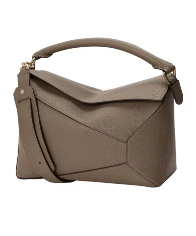 Loewe Womens Puzzle Edge Medium Leather Shoulder Bag Taup In Gray