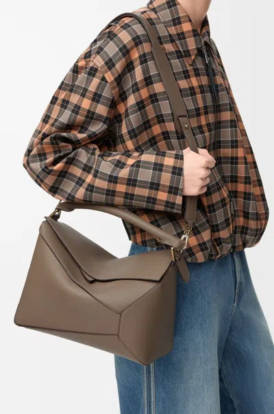 Loewe Womens Puzzle Edge Medium Leather Shoulder Bag Taup In Gray