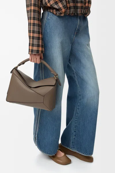 Loewe Womens Puzzle Edge Medium Leather Shoulder Bag Taup In Gray
