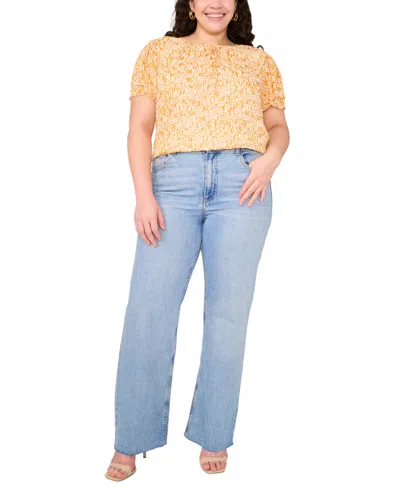 Vince Camuto Plus Size Printed Split-neck Flutter-sleeve Blouse In Yellow