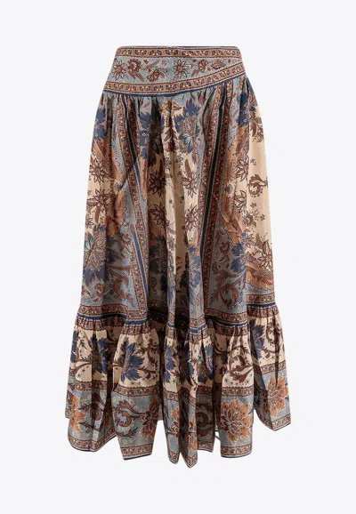 Zimmermann Women Indienne Floral Habotai Silk Ascension Tiered Midi Skirt In Gray