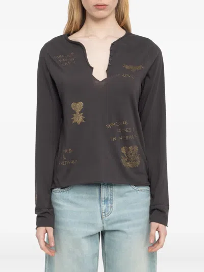 Zadig & Voltaire Womens Dark Chocolate Tuni Henley-collar Rhinestone-embellished Cotton T-shirt In Gray