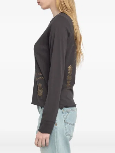 Zadig & Voltaire Womens Dark Chocolate Tuni Henley-collar Rhinestone-embellished Cotton T-shirt In Gray