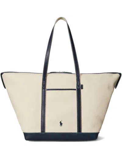 Polo Ralph Lauren Large Leather-trimmed Cotton-blend Canvas Tote