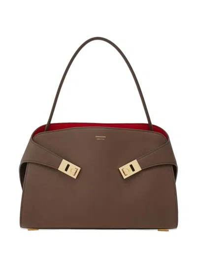 Ferragamo Hug Grey Shoulder Bag With Logo Printed On Front In Leather Woman In Brown