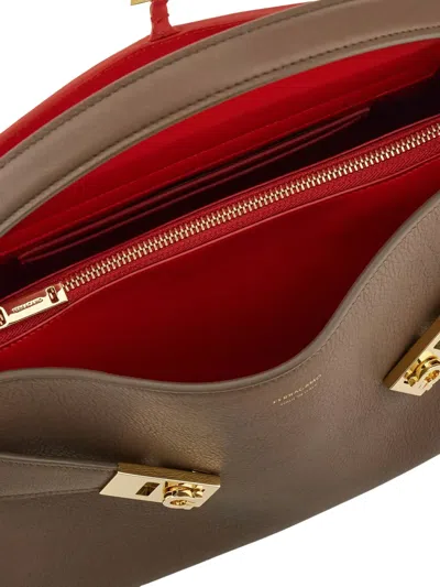 Ferragamo Hug Grey Shoulder Bag With Logo Printed On Front In Leather Woman In Brown