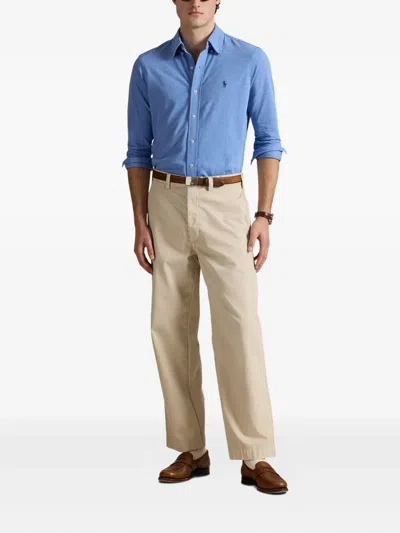 Polo Ralph Lauren Box-pleat Blue Stretch-cotton Poplin Shirt With Embroidered Logo