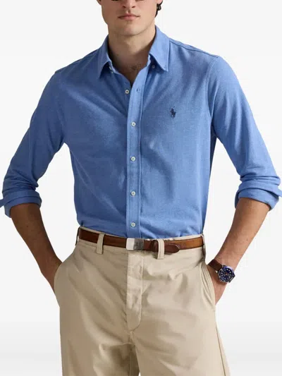 Polo Ralph Lauren Box-pleat Blue Stretch-cotton Poplin Shirt With Embroidered Logo