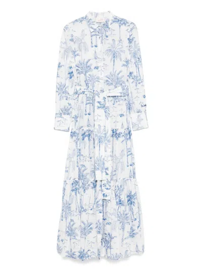 Mc2 Saint Barth Tropical Print Maxi Dress With Front Button Fastening And Belted Waist In Blue