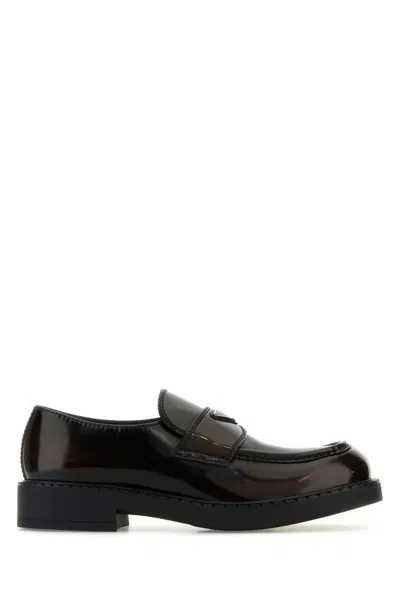 Prada Triangle Logo Chocolate Brushed Leather Loafers In Black