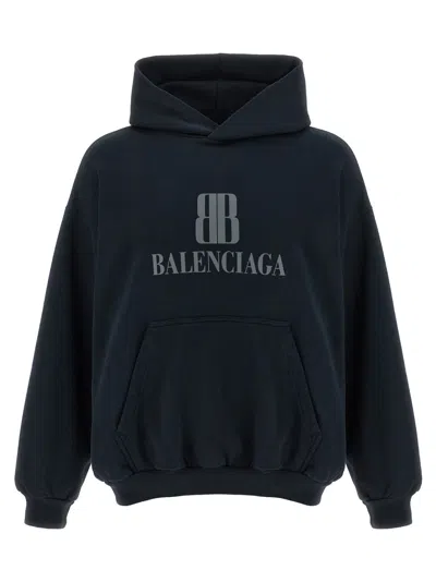 Balenciaga Black Hoodie With Fixed Hood And Logo Lettering On The Front In Cotton Man In Blue