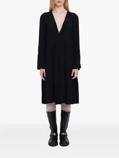 Zadig & Voltaire Rinas Plunge Neck Long Sleeve Dress In Black