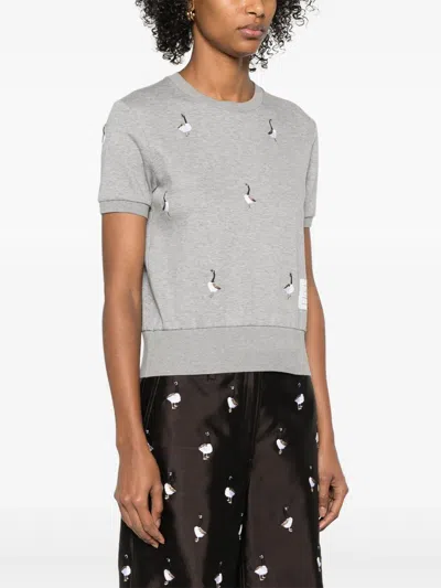 Thom Browne Knitwear Crewneck Embroidered Short Sleeves In Gray