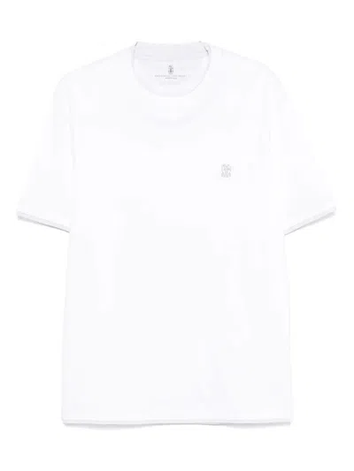 Brunello Cucinelli Men Cotton Jersey Crew-neck T-shirt With Logo And Faux-layering In White