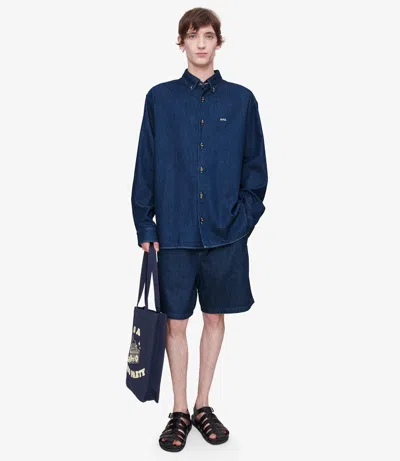 Apc A.p.c. Button-down Denim Shirt With Logo Detail In Blue