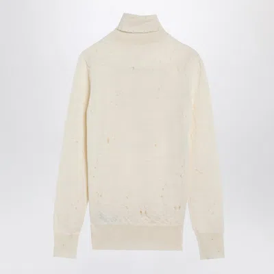 Mm6 Maison Margiela Distressed Crewneck Knitwear With Ribbed Finish In White