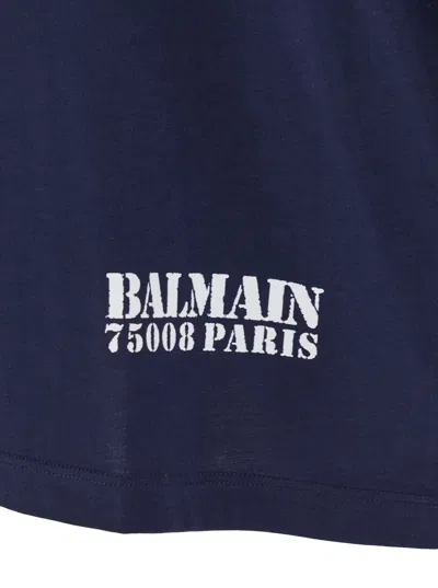 Balmain Blue Crewneck T-shirt With Logo Lettering Print On The Front