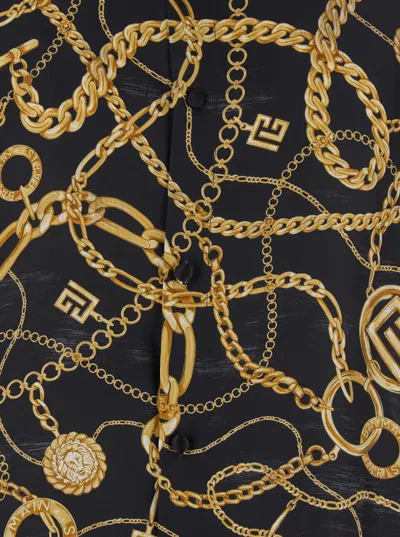 Balmain Black Shirt With Pointed Collar And Chain Print With Logo In Black