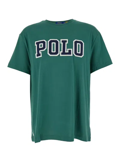 Polo Ralph Lauren Green Crewneck T-shirt With Logo Lettering On The Fornt And Pony Embroidery On The Front In Cotton M In Green