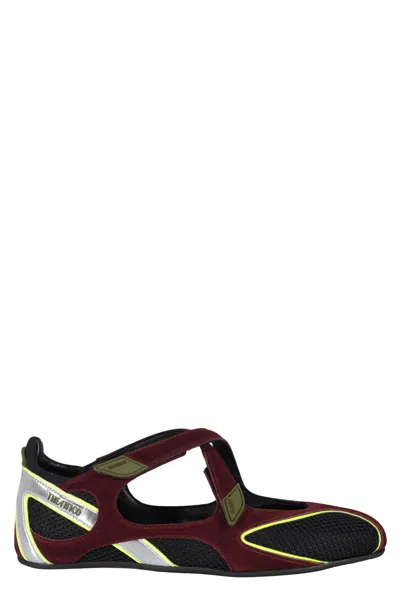 Attico Nomad Bordeaux Ballet Shoes With Criss-crossed Straps And Mesh Panels In Tech Fabric And Suede Woman In Burgundy