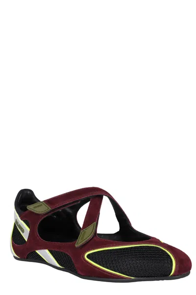 Attico Nomad Bordeaux Ballet Shoes With Criss-crossed Straps And Mesh Panels In Tech Fabric And Suede Woman In Burgundy