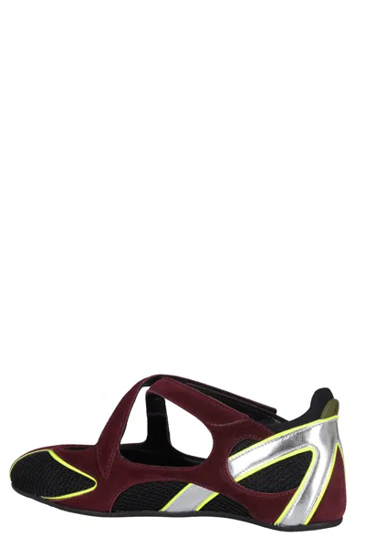 Attico Nomad Bordeaux Ballet Shoes With Criss-crossed Straps And Mesh Panels In Tech Fabric And Suede Woman In Burgundy