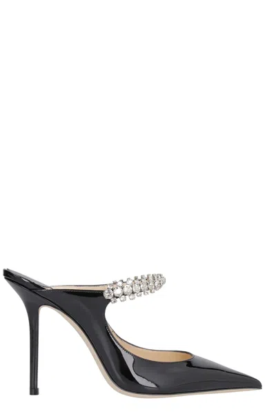 Jimmy Choo Black Leather Sabot Painted With Crystal Strap In Nero