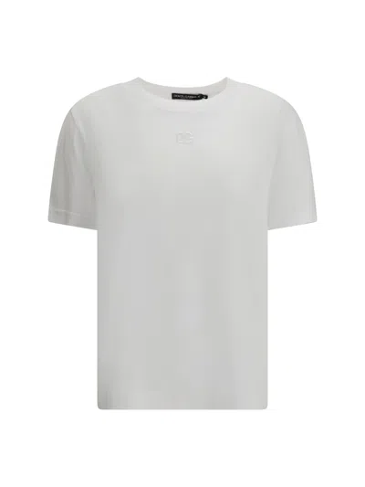 Dolce & Gabbana White Crewneck T-shirt With Logo Embroidery With Crystals On The Front In Cotton Woman