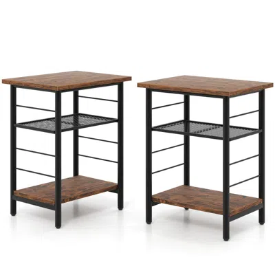 Hivvago 3-tier End Table Set Of 2 Side Table With Storage Shelves Metal Frame In Brown