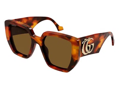 Pre-owned Gucci Women's  Square Sunglasses In Amber/havana (gg0956s 007) In Brown