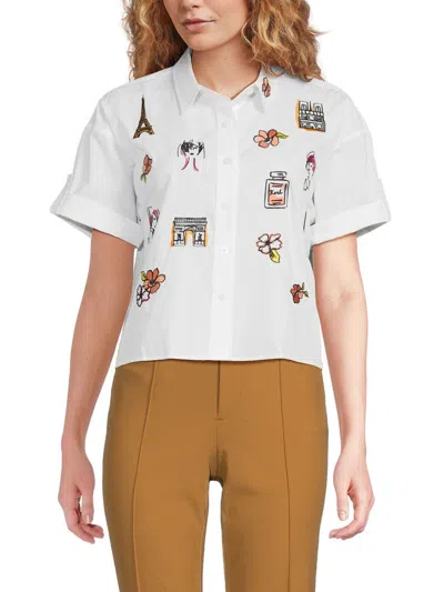 Karl Lagerfeld Petite Cotton Embroidered Short-sleeve Shirt In White