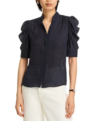 Frame The Gillian Ruched Polka-dot Silk-crepe Blouse In Blue