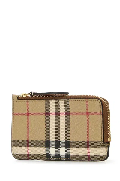 Burberry Beige Leather Wallet With Check Pattern And Zip Closure In Brown