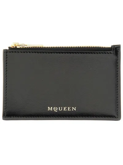 Alexander Mcqueen Logo Stamped Leather Zip Cardholder In Black