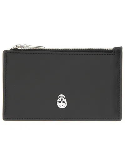 Alexander Mcqueen Skull Print Leather Zip Cardholder In Black