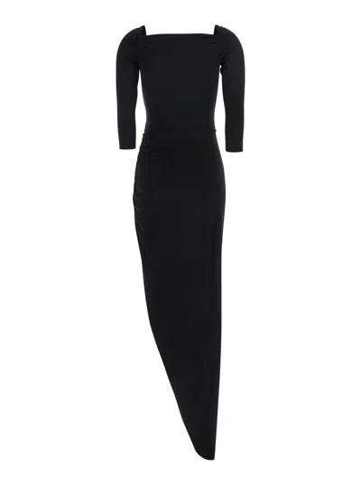 Norma Kamali Black Dress With Draped Details And Bare Shoulders In Tech Fabric Woman