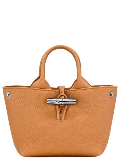 Longchamp Le Roseau Beige Handbag With Toggle Closure In Grained Leather In Brown