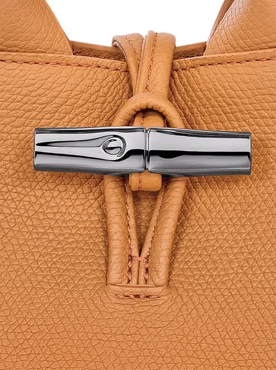 Longchamp Le Roseau Beige Handbag With Toggle Closure In Grained Leather In Brown