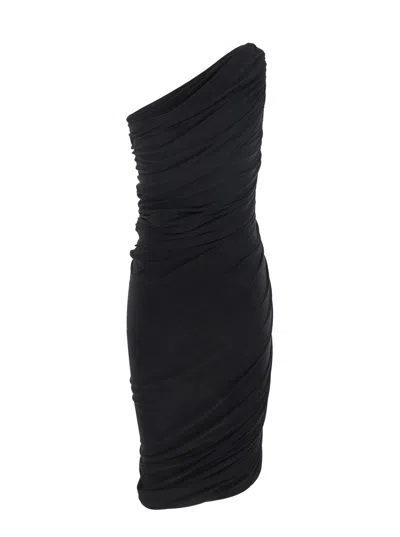 Norma Kamali Black One-shoulder Dress With Asymmetric Neckline And All-over Ruches