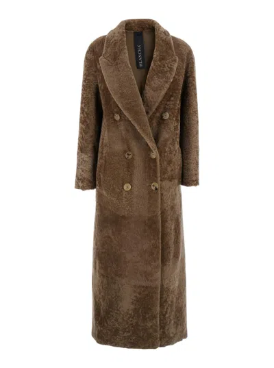 Blancha Brown Double-breasted Shearling Coat With Peak Revers