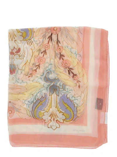 Etro Women Multicolor Rectangular Scarf With All-over Floral Motif And Logo Patch On The Side In Sil In Pink