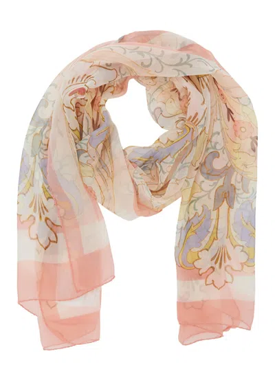 Etro Women Multicolor Rectangular Scarf With All-over Floral Motif And Logo Patch On The Side In Sil In Pink