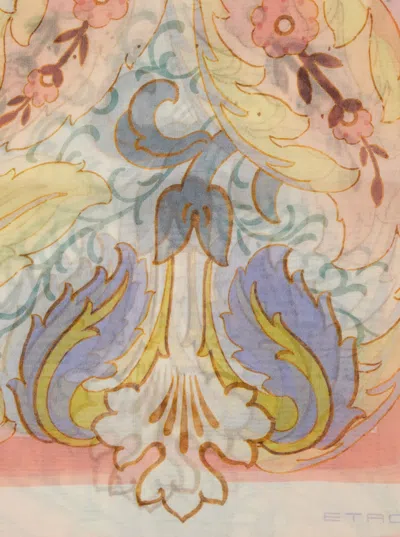 Etro Women Multicolor Rectangular Scarf With All-over Floral Motif And Logo Patch On The Side In Sil In Pink