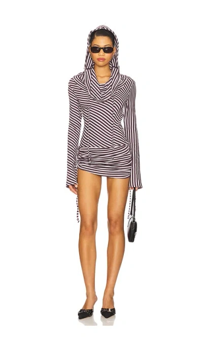 Jaded London Sporty Stripe Hooded Draped Mini Dress In Brown