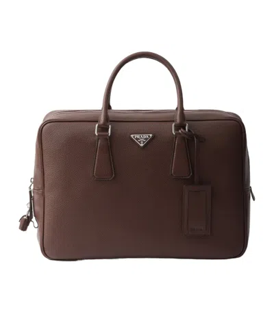 Prada Triangle Logo Leather Briefcase In Brown