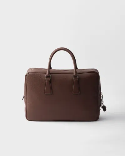Prada Triangle Logo Leather Briefcase In Brown
