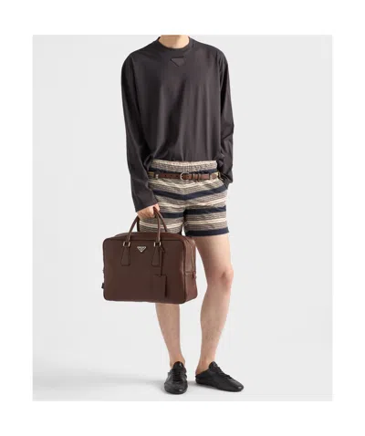 Prada Triangle Logo Leather Briefcase In Brown