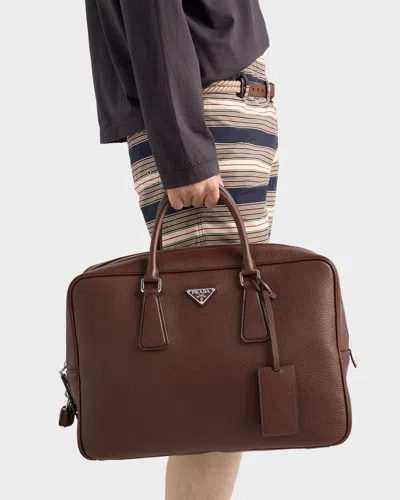 Prada Triangle Logo Leather Briefcase In Brown