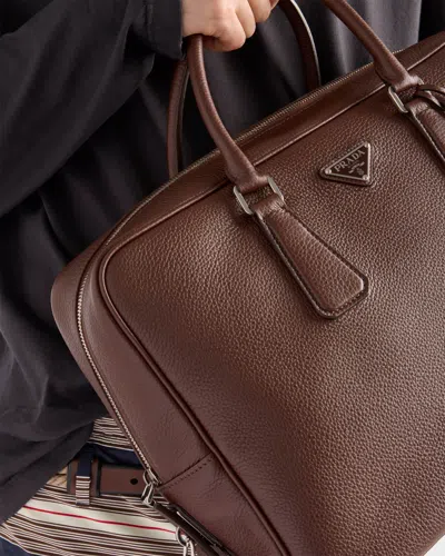 Prada Triangle Logo Leather Briefcase In Brown